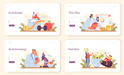 Nutritionist web banner or landing page set. Nutrition therapy with healthy