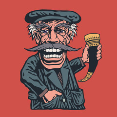 An elderly Georgian man raises a horn of wine and makes a toast. Hand drawn cartoon character, Vector illustration