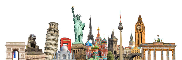 World landmarks and famous monuments collage isolated on panoramic transparent background,...