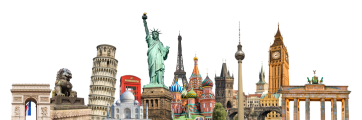 World landmarks and famous monuments photo collage isolated on panoramic transparent background, international travel, study and business, png file