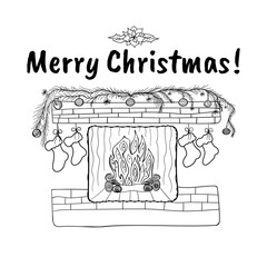 Christmas fireplace with fir tree garland with toys, snowflakes, Christmas Star and stockings. Hand drawn Christmas doodle symbols for design. Isolated on white background