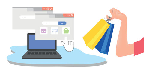 Online shopping. Laptop and logging into the online store. Shopping in the hand of a courier. Fast delivery in colorful bags. Vector illustration.