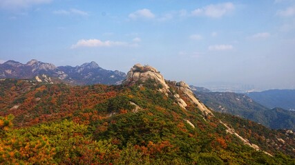 Bukhansan National Park. Bukhansan Bibong Peak - Hyangnobong Peak. autumn mountains. hiking Korean mountains. mountain landscapes in autumn. trekking. rise to the top of the mountain.