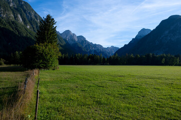 Fototapeta na wymiar Paysage de montagne rural autour du mont Triglav en Slovénie en été dans le parc national du Triglav