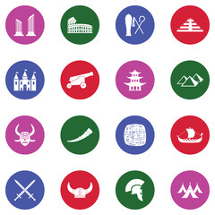 Ancient Civilization Icons. White Flat Design In Circle. Vector Illustration.