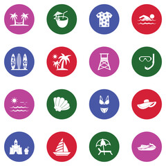 Beach Vacation Icons. White Flat Design In Circle. Vector Illustration.