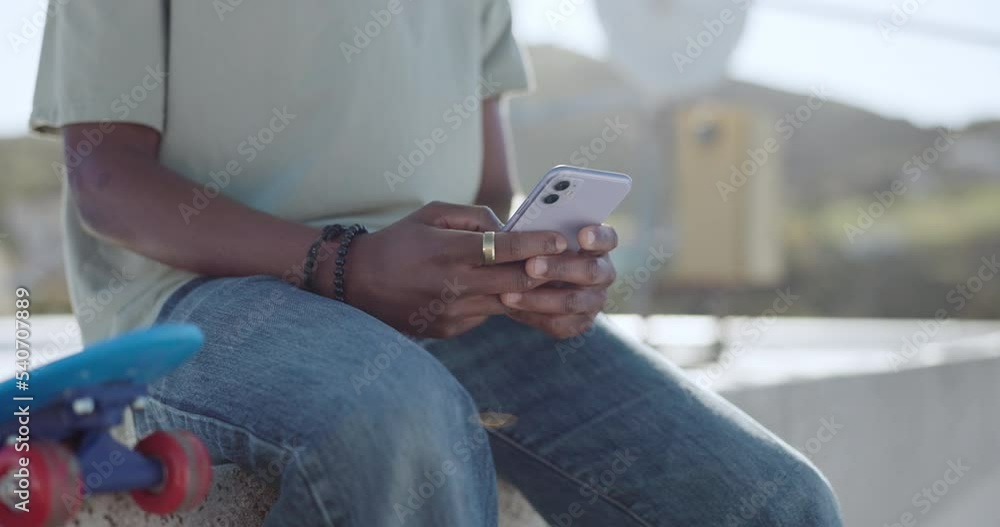 Poster skater hands, phone or networking on social media app, internet search or digital iot. zoom black ma