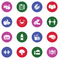 Nutrition Icons. White Flat Design In Circle. Vector Illustration.