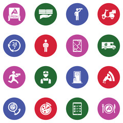 Pizza Delivery Icons. White Flat Design In Circle. Vector Illustration.