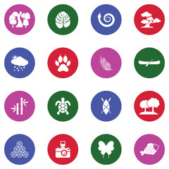 Rainforest Icons. White Flat Design In Circle. Vector Illustration.