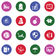 Recession Icons. White Flat Design In Circle. Vector Illustration.