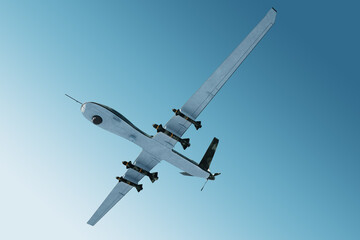 A military combat drone UAV is on duty in the sky. Modern aircraft, army of the future, reconnaissance, military drone, war of the future. 3D illustration, 3D render.