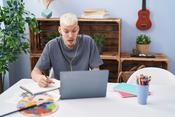 Young caucasian man drawing doing video call with laptop scared and amazed with open mouth for...