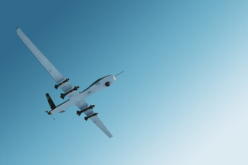 A military combat drone UAV is on duty in the sky. Modern aircraft, army of the future, reconnaissance, military drone, war of the future. 3D illustration, 3D render.