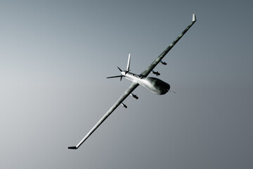 A military combat drone UAV is on duty in the sky. Modern aircraft, army of the future, reconnaissance, military drone, war of the future. 3D illustration, 3D render.