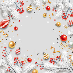 Square banner with red and gold Christmas symbols and place for text. Christmas tree, balls, golden tinsel confetti and snowflakes on gray background. 
