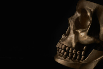 Gold human Skull Isolated on black background