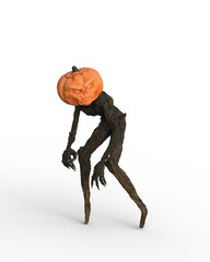 3D rendering of a fantasy Halloween scarecrow with pumpkin head creeping isolated on a transparent background.