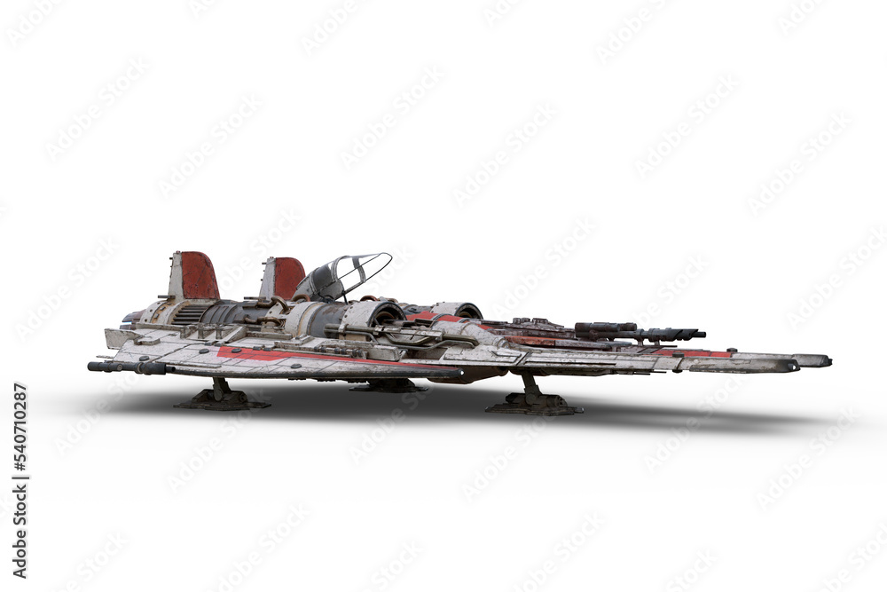 Poster 3d rendering of a science fiction fantasy fighter jet powered space ship parked on the ground isolat