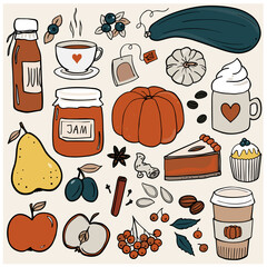 Fall Autumn Yummy Doodle linear outline colorful vector seasonal illustration set for web digital projects and bullet journal isolated on light background 