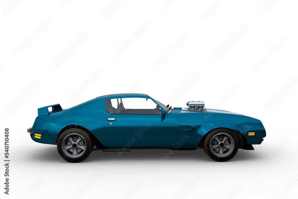 Poster side view 3d rendering of a blue and white 1970s retro american muscle car isolated on a transparent