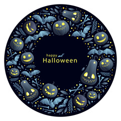 Background for Halloween with elements arranged in a circle: pumpkins, bats, crossbones and leaves. Pumpkin lanterns are gray with yellow eyes. Happy Halloween. Mockup for your text