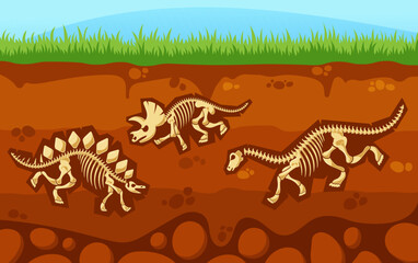Soil Layer With Dinosaur Skeletons, Dead Animals Inside Of Earth Underground Surface With Prehistoric Reptile Bones
