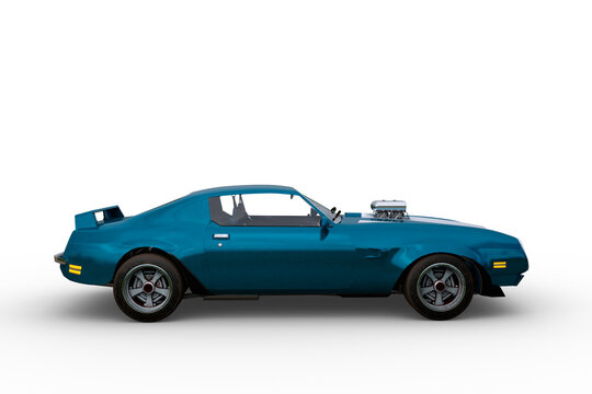 Side view 3D rendering of a blue and white 1970s retro American muscle car isolated on a transparent background.