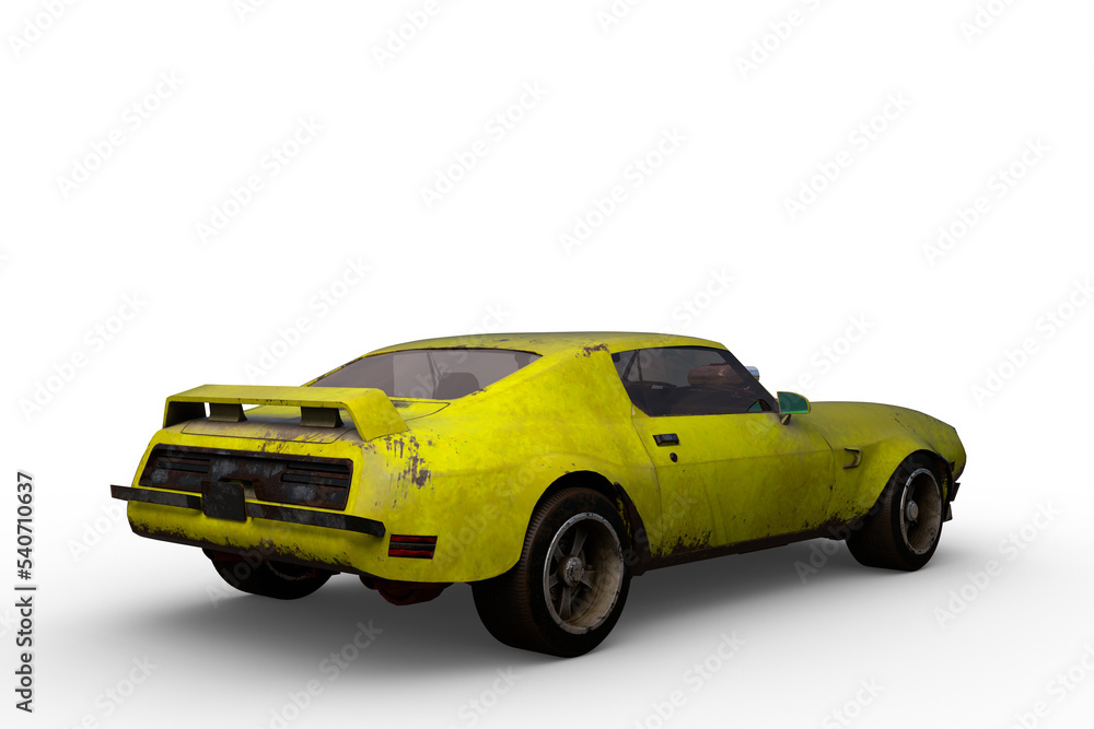 Poster rear perspective 3d rendering of an old yellow retro american muscle car isolated on a transparent b