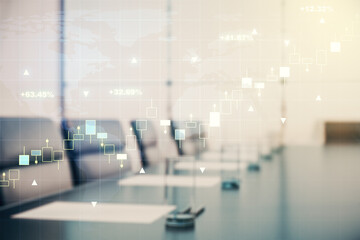 Multi exposure of virtual abstract financial graph hologram and world map on a modern furnished classroom background, financial and trading concept