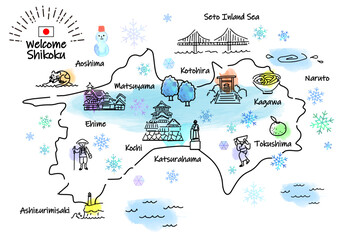 冬の四国の観光地のシンプル線画イラストマップ