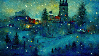 Little snowy town, Christmas, winter, greetings, season, snow, stars, winter, cold