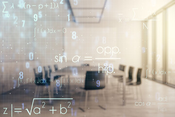 Abstract scientific formula hologram on a modern conference room background. Multiexposure