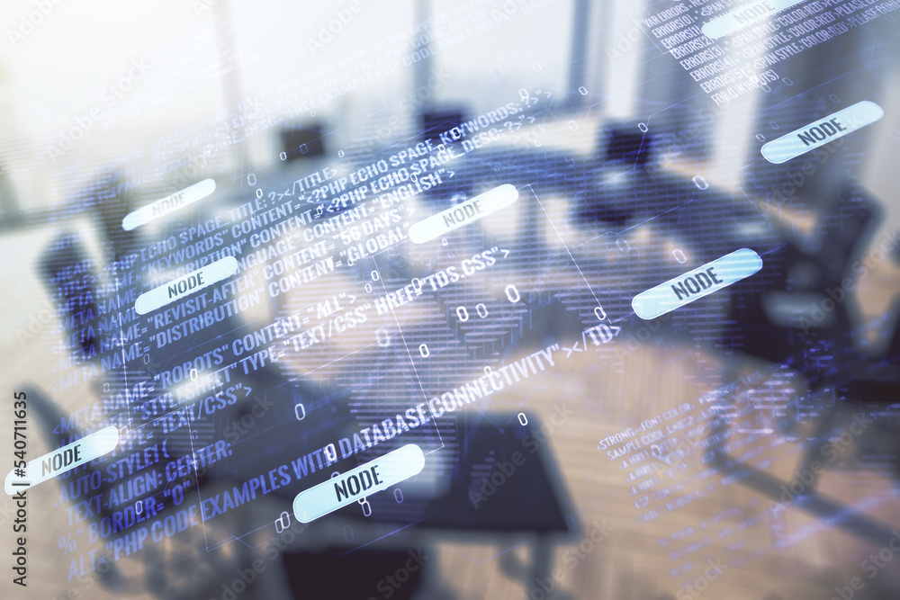 Aufkleber abstract virtual coding concept and world map hologram on a modern conference room background. multi