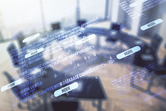 Abstract virtual coding concept and world map hologram on a modern conference room background. Multiexposure