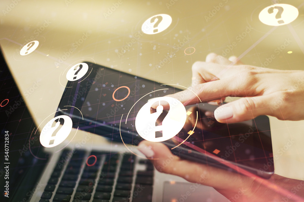 Aufkleber creative concept of question mark illustration and finger clicks on a digital tablet on background. 