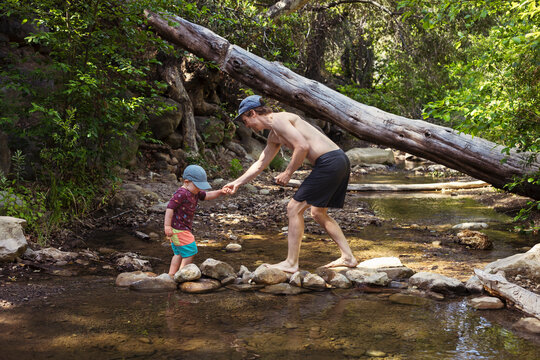 Man helping son to cross stream in forest