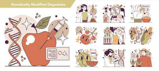 Genetic modificated organism or GMO set. Biotechnology, food improvement - obrazy, fototapety, plakaty