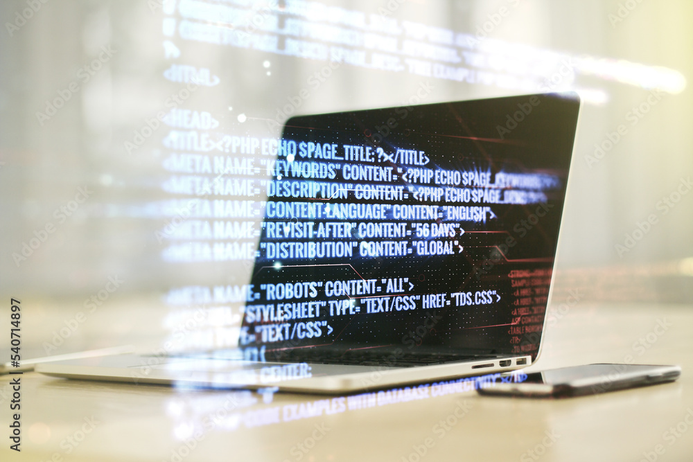 Poster double exposure of abstract programming language on laptop background, research and development conc