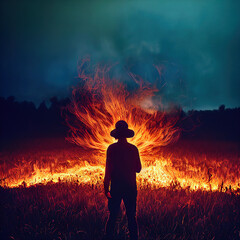 3d rendering of evil supernatural man standing in front of a fire burning in a field