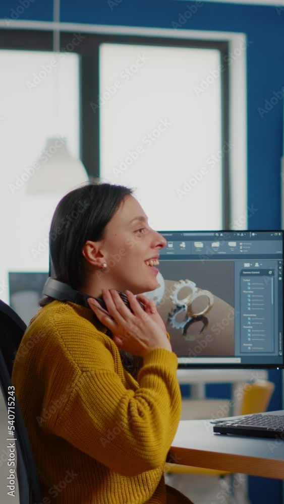 Poster industrial designer discussing with woman engineer while working in cad program, designing new compo