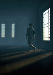 Fototapeta na wymiar Blonde woman in sweatshirt dress walks by a window in dusty empty classic room. 3D render.