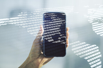 Double exposure of digital America map and hand with cell phone on background, research and strategy concept