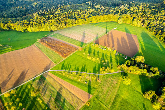 Germany, Baden-Wurttemberg, Drone view of autumn fields in Rems Valley