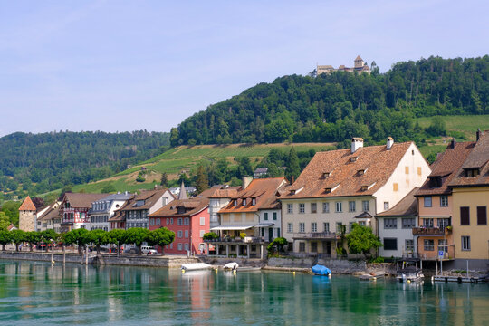 Switzerland, Schaffhausen Canton, Stein am Rhein, Historic townhouses along Rhine river