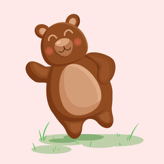 Cute brown bear on the green grass. Vector illustration.