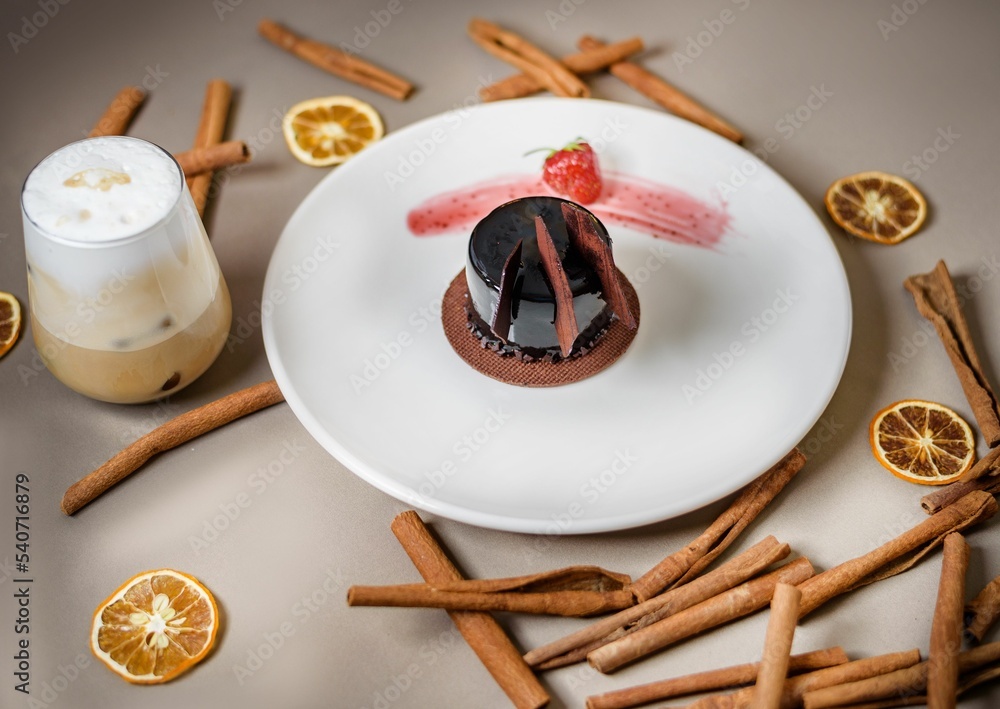 Sticker Sweet chocolate brownie served on the white plate