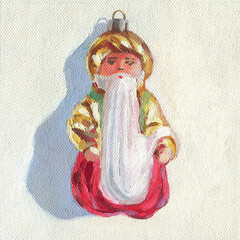Retro Christmas Poster. Christmas oil painting. Soviet Christmas tree toy Old Man Hottabych. Gin from the lamp