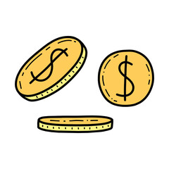 Doodle style gold coins vector isolated illustration