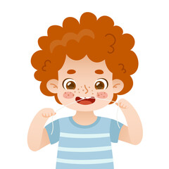 Flossing cartoon kid. Cute baby boy using dental floss. Adorable close up flossing child.